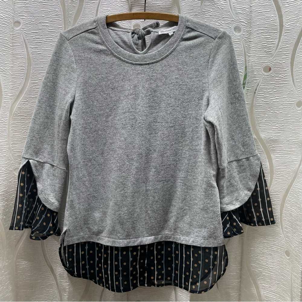 San Francisco Layered Top Womens S Grey Mixed Media Polka‎ Dot Bell Sleeve